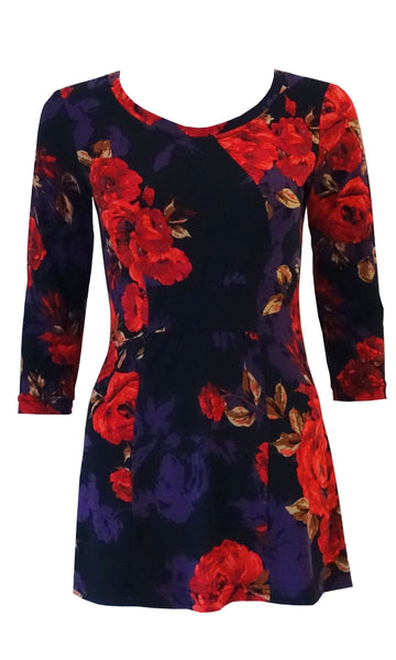 Red rose floral jersey top with front gathers