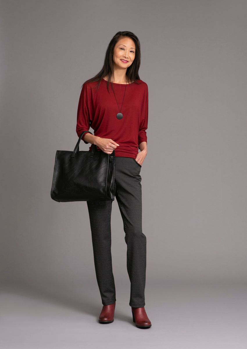 Mini black dot straight leg, comfort elastic waist band with button detail and hip pockets and boat neck tee t-shirt