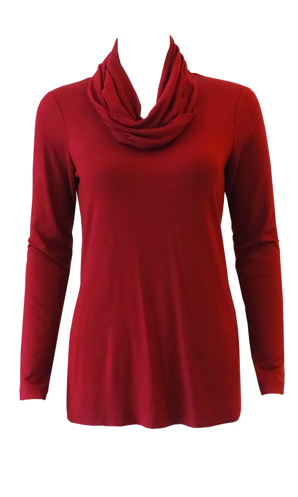 Plum red adjustable scarf top made from eco-friendly lyocell Made in Canada