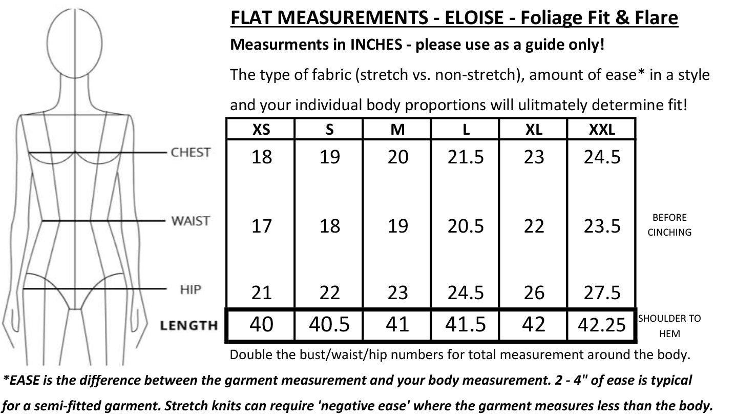 Flat measurement chart for an eloise/foliage fit and flare, showing a human body outline with chest, waist, hip, and length measurements in inches for sizes XS through XXL in a table format with explanatory text.