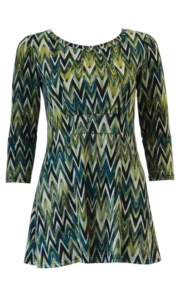 Green chevron stripe jersey tunic top with front gathers