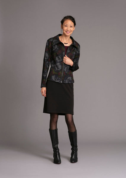 knee length straight skirt in crepe doubleknit with zip up floral blazer