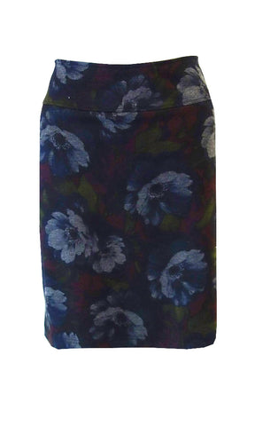 Blue red green subtle floral doubleknit print with side hip pockets, a wide elastic waist band and front button details